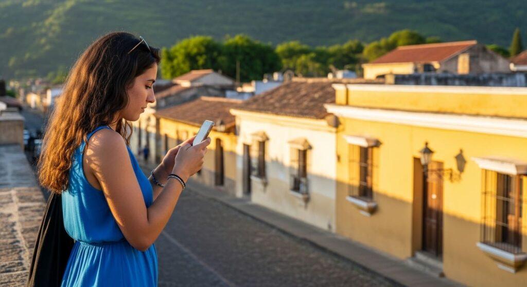 Tourist using smartphone Guatemala