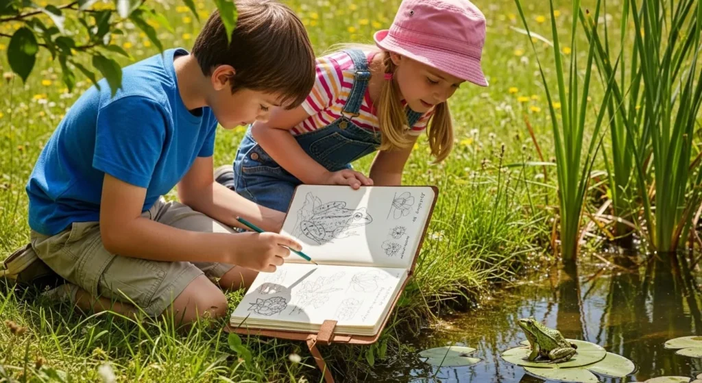 Niño y niña observando una rana en un pequeño estanque, con una libreta de dibujo de campo.