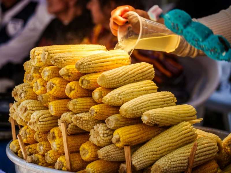 elotes siendo bañados en su suero