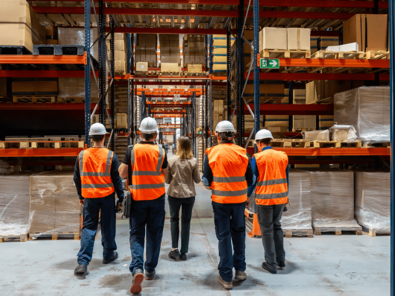 Grupo de trabajadores industriales caminando por un centro de distribución, reflejando la estandarización y la eficiencia en la operación diaria.