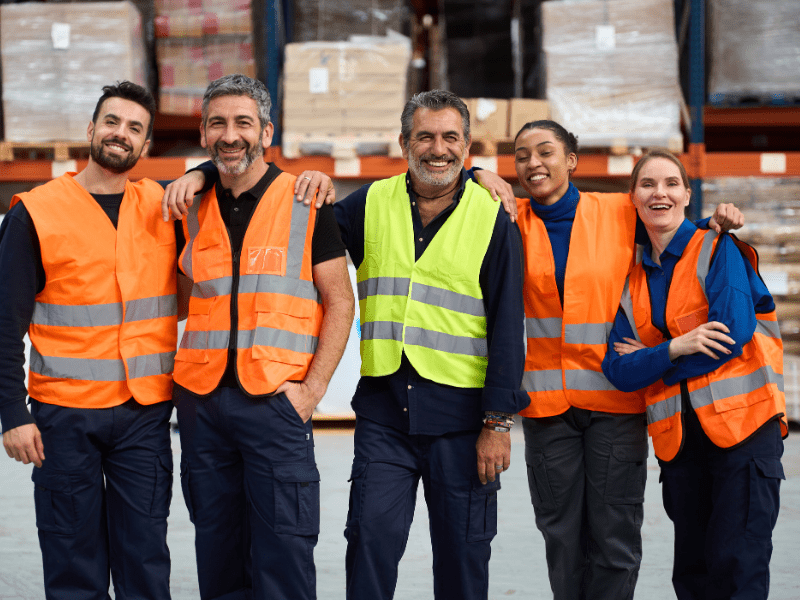 Equipo de colaboradores de logística con chalecos de seguridad, representando el sentido de pertenencia y la cultura interna en una gran empresa.