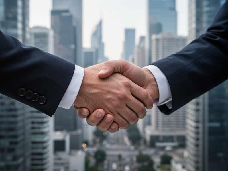 Un apretón de manos profesional con un fondo de ciudad moderna difuminado, transmitiendo confianza y solidez empresarial. cuando no hay mito de emprender