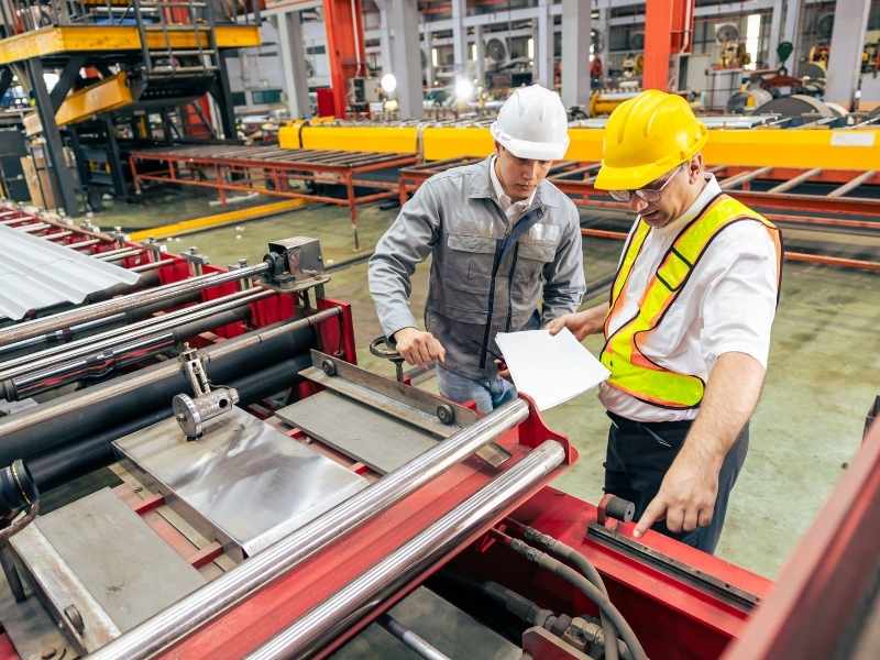 Supervisor acompaña aprendizaje operativo en una línea industrial