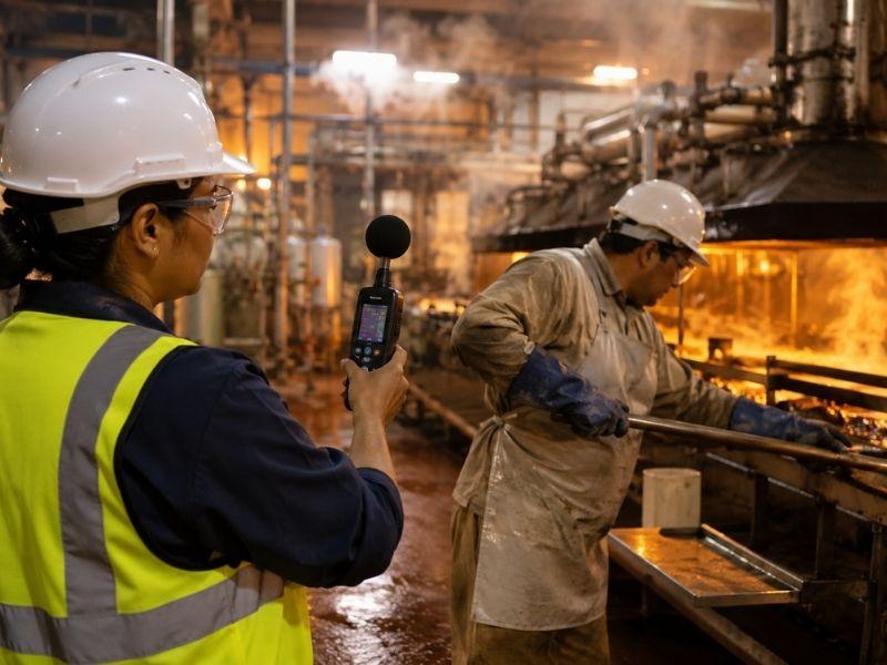 Trabajadora de seguridad evalúa la exposición a altas temperaturas mientras un operario trabaja cerca de maquinaria industrial que genera calor.