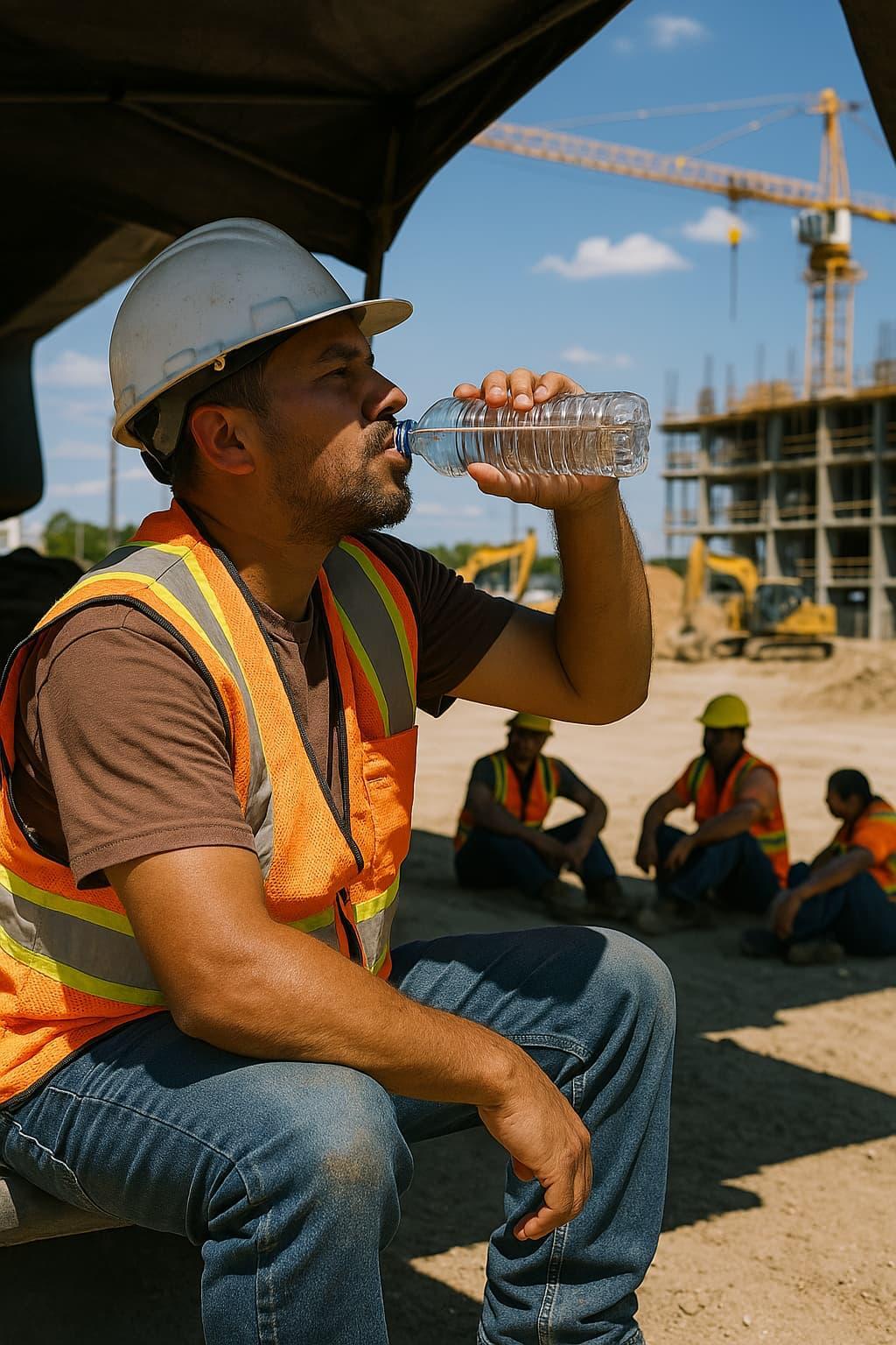 Trabajador se hidrata durante una pausa para prevenir el estrés térmico por altas temperaturas.