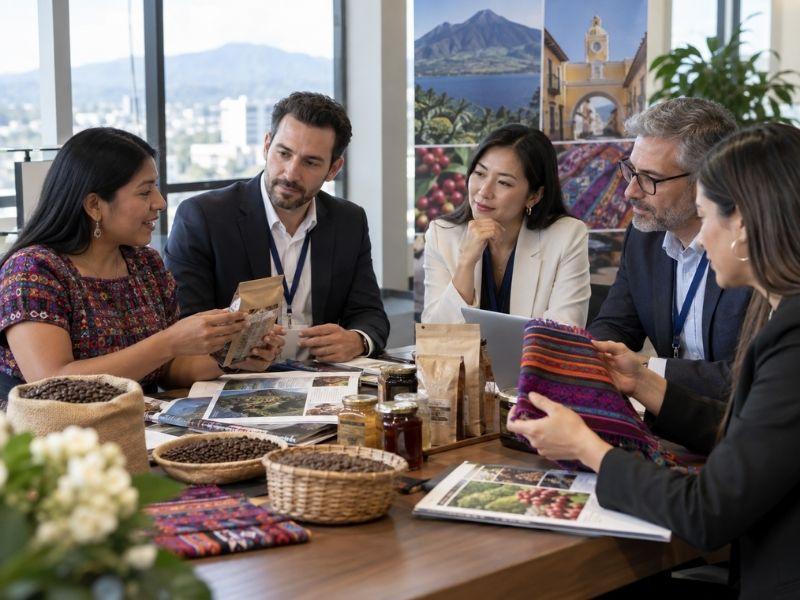 Empresarios o compradores internacionales en una reunión B2B revisando muestras, catálogos o productos guatemaltecos. Refuerza confianza, proveedores y oportunidades comerciales.