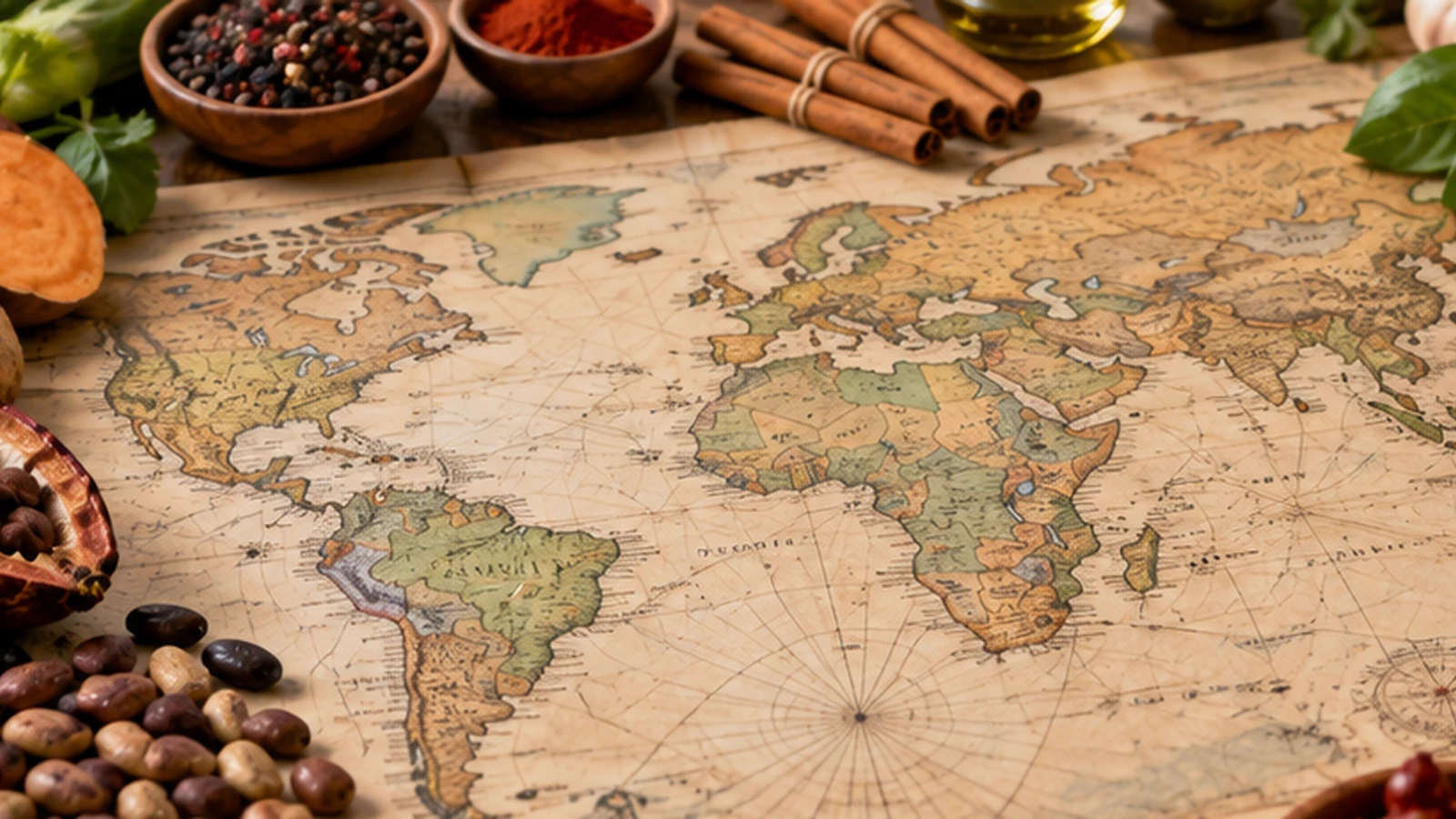 Mapa antiguo rodeado de ingredientes procedentes de distintas regiones del mundo.