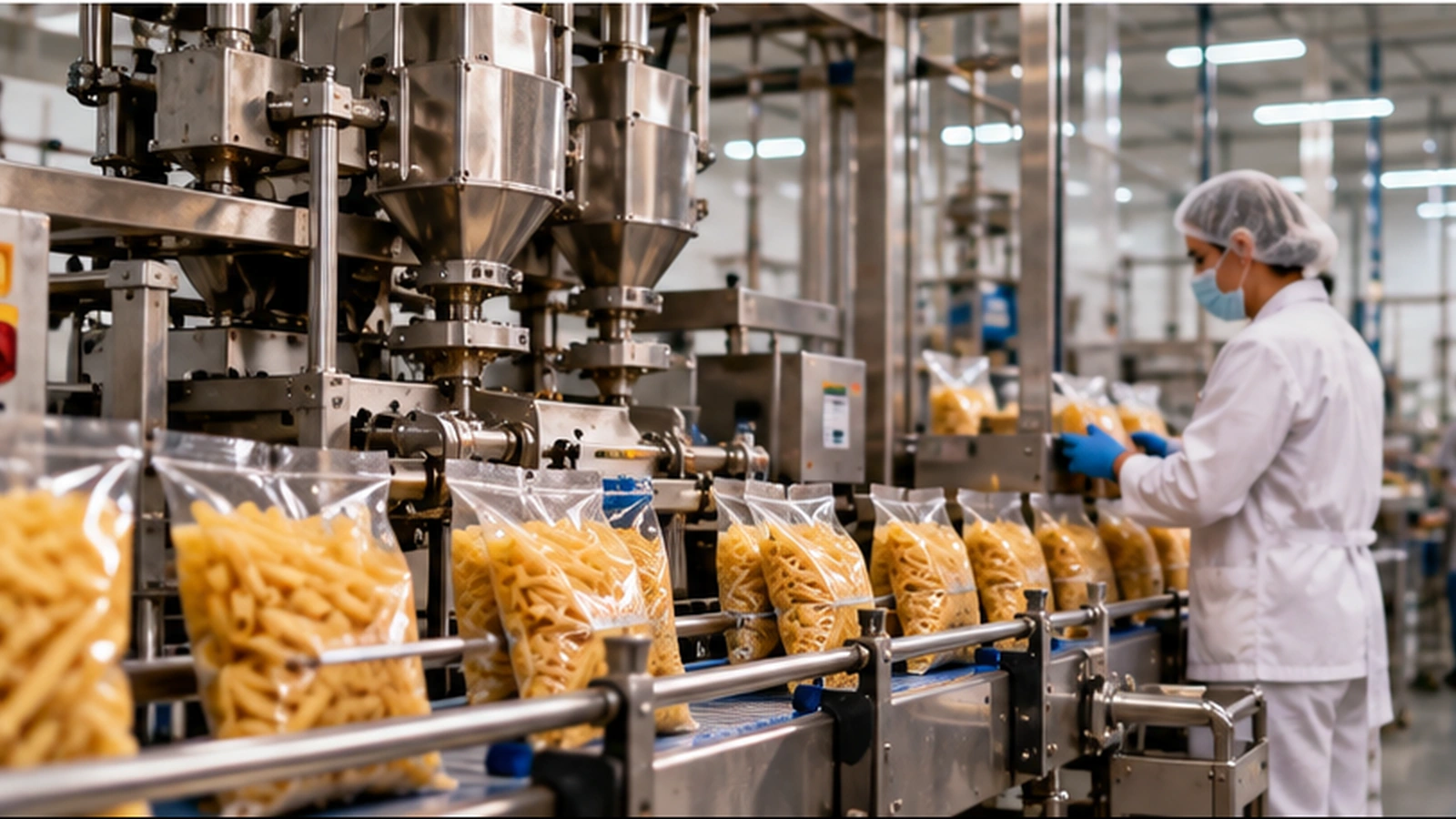 Planta industrial de envasado de pasta, con maquinaria y personal supervisando la producción.