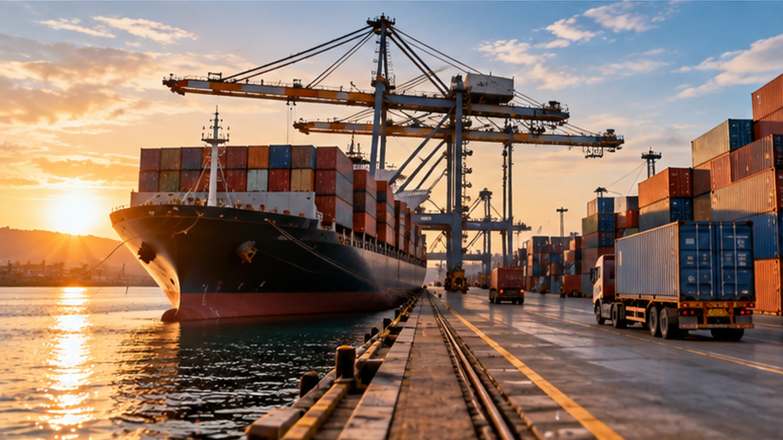 Puerto comercial con embarcación, contenedores y operaciones de transporte internacional.