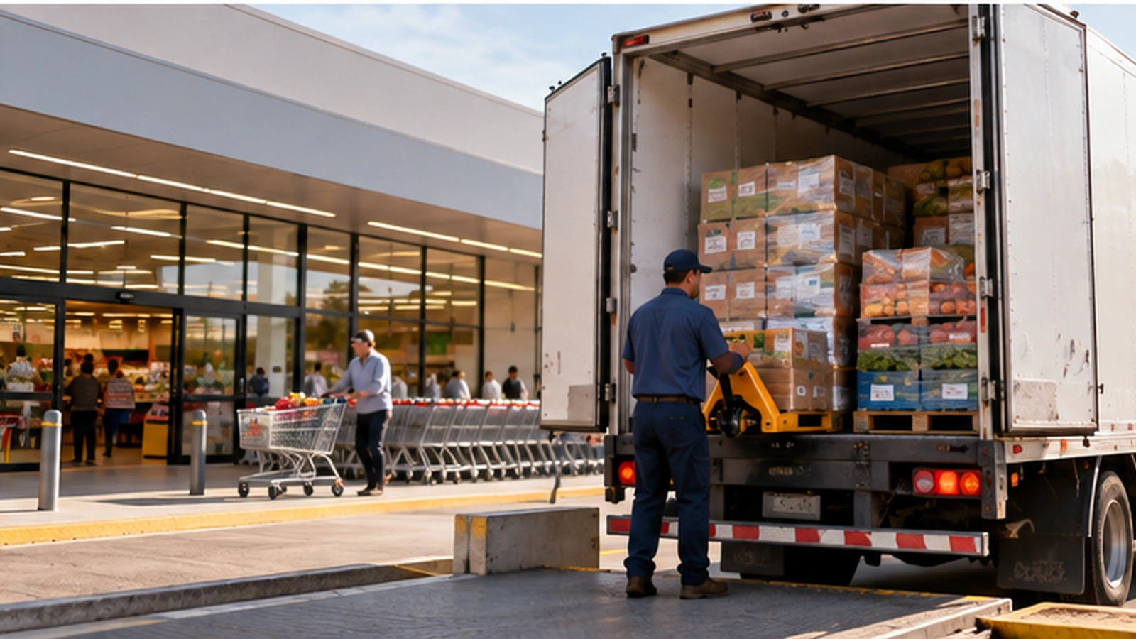 Trabajador descargando mercancía de un camión de distribución frente a un supermercado como parte de la cadena alimentaria