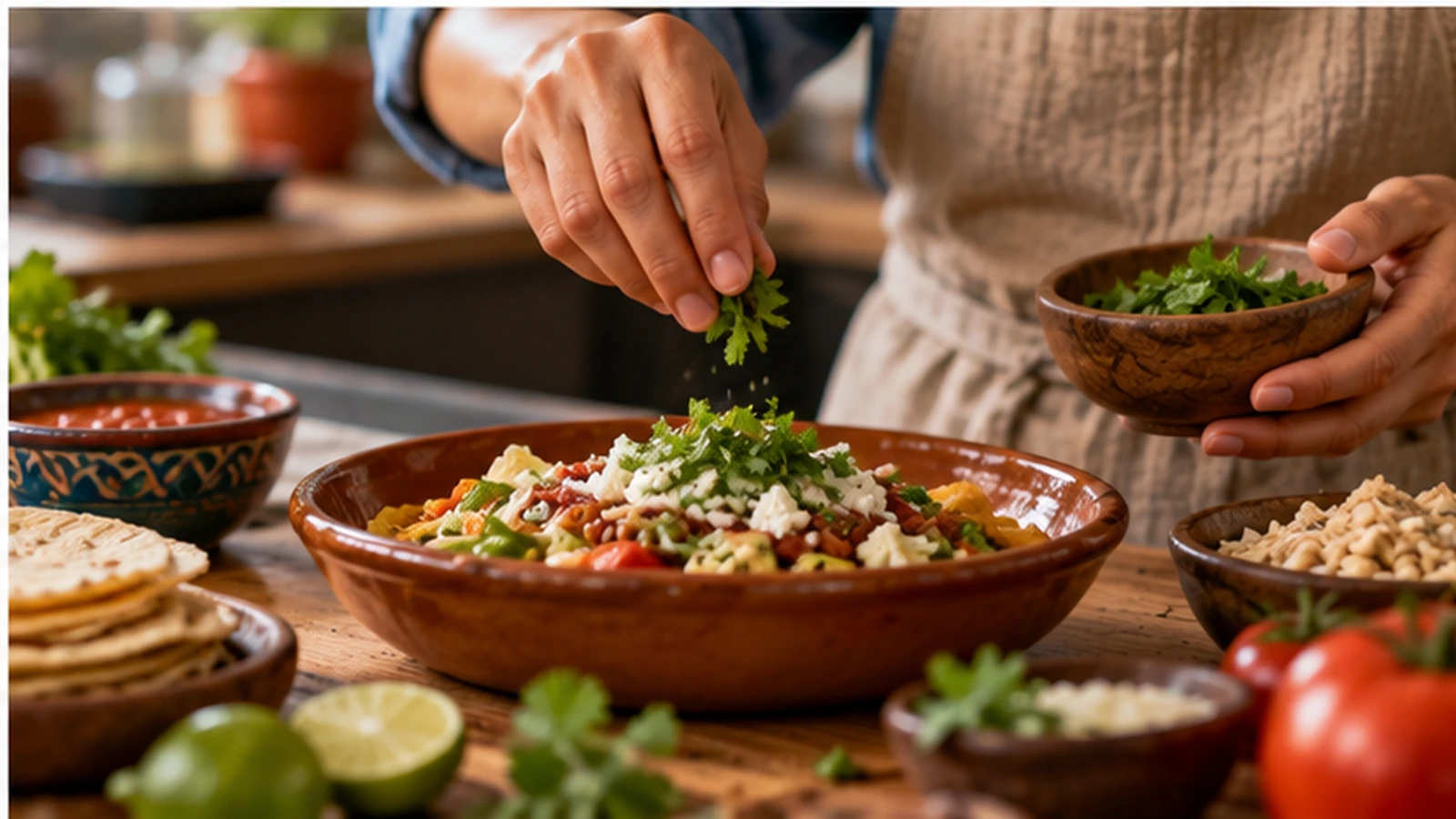 Persona preparando para sus alimentos un platillo con ingredientes diversos en una cocina tradicional.